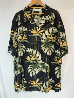 Caribbean Black Shirt with Green Leaves & Yellow Floral Print 3X